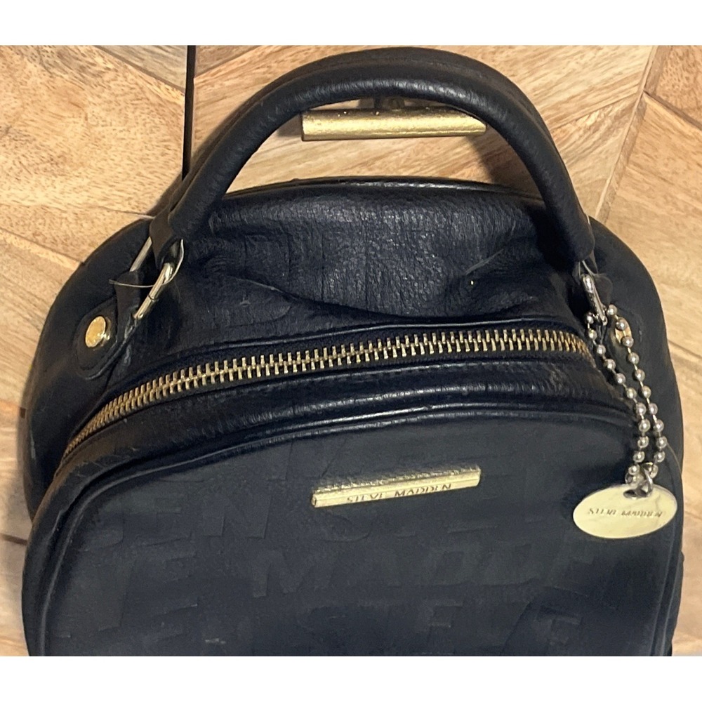 Steve Madden Small Backpack Embossed Logo Black & Gold Faux Leather Womens Bag - Picture 6 of 16